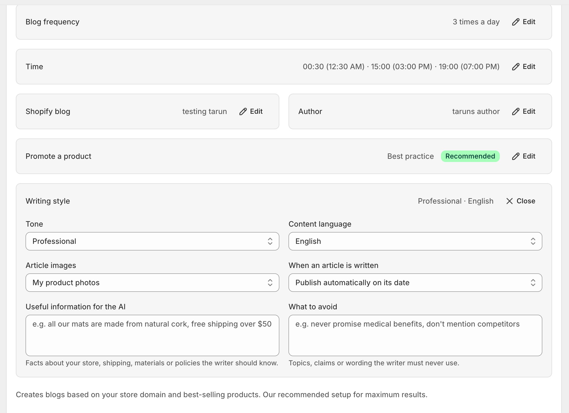 Writing style settings for the agent