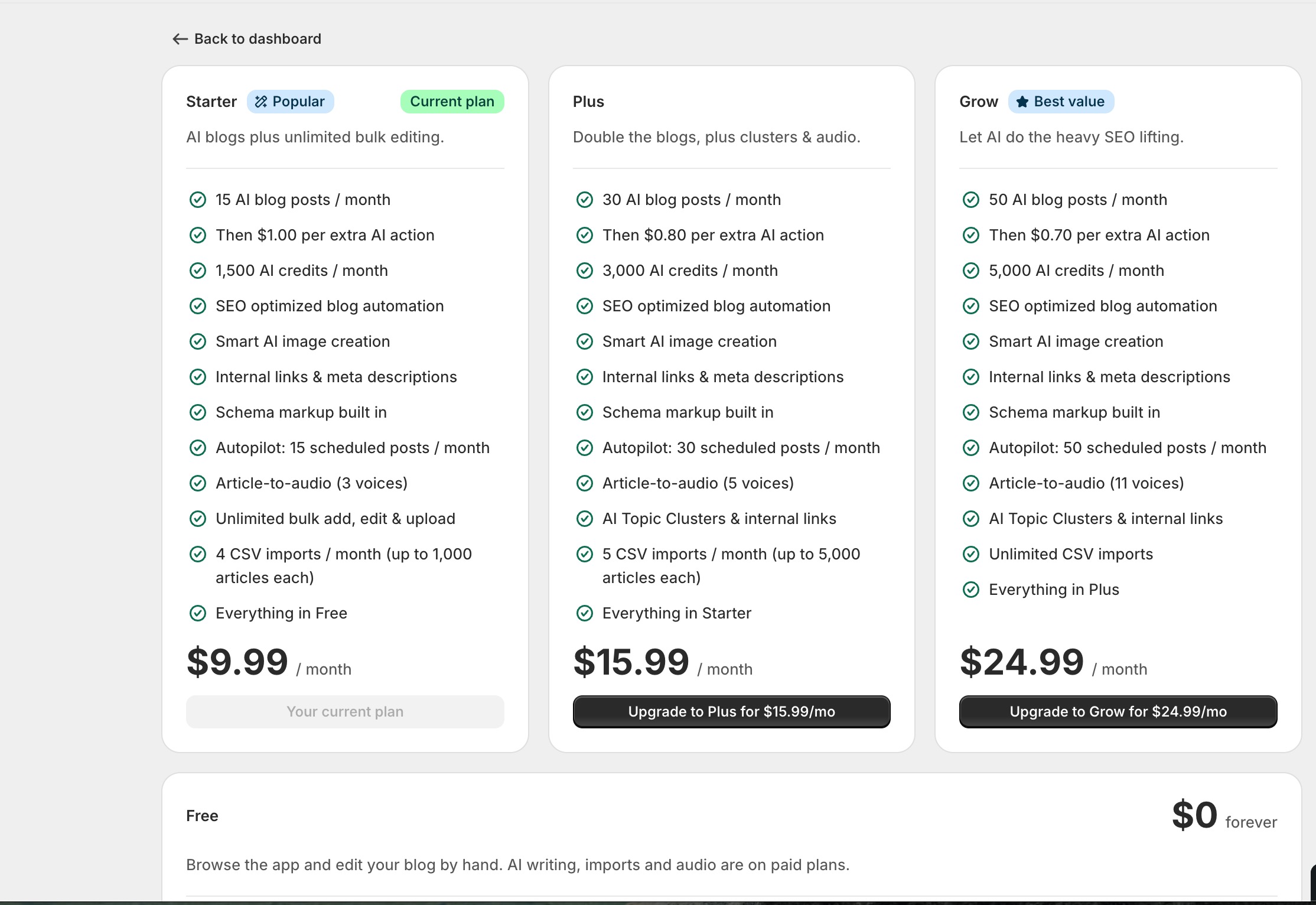 The Plans & billing page inside the app