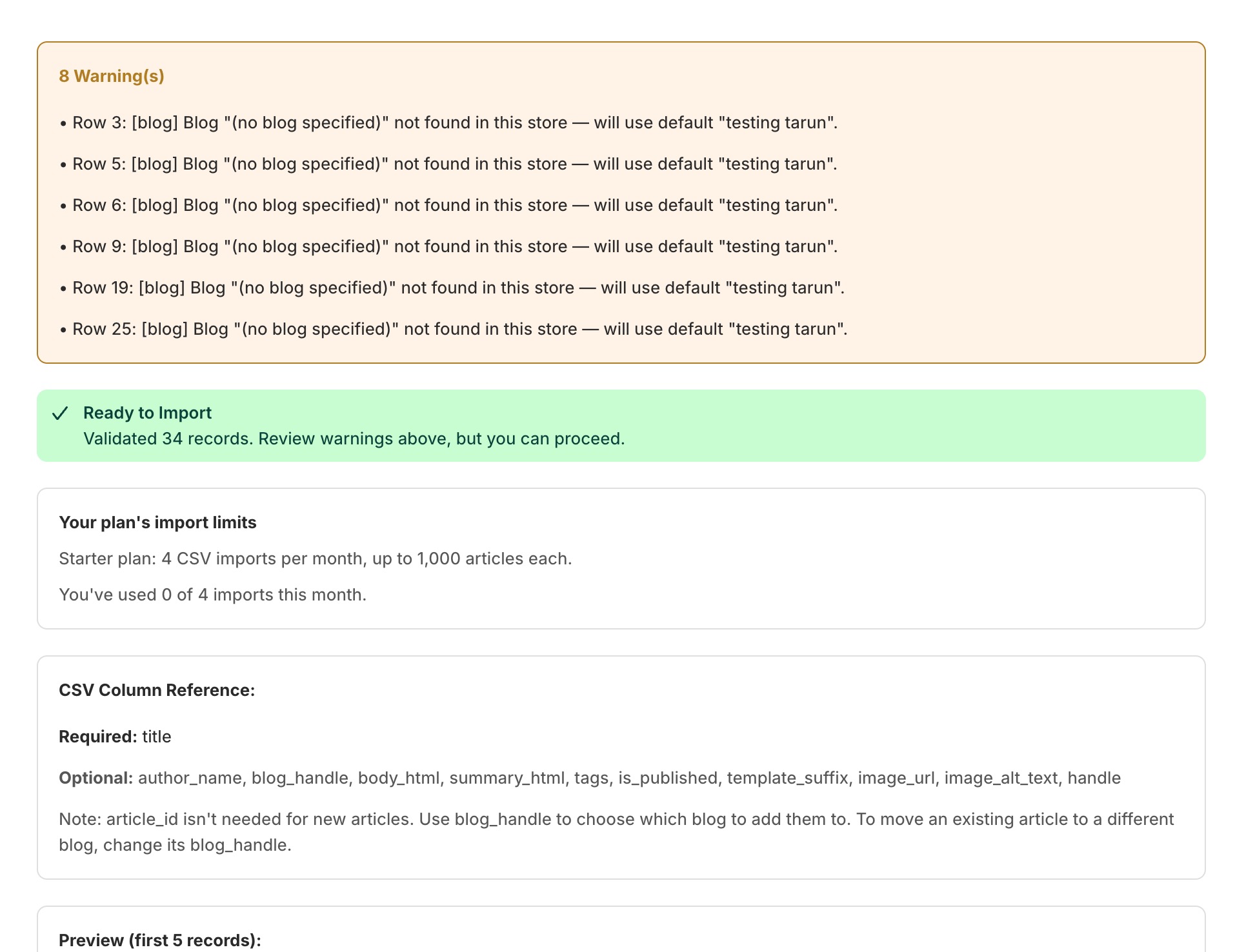 CSV validation with per-row errors and warnings