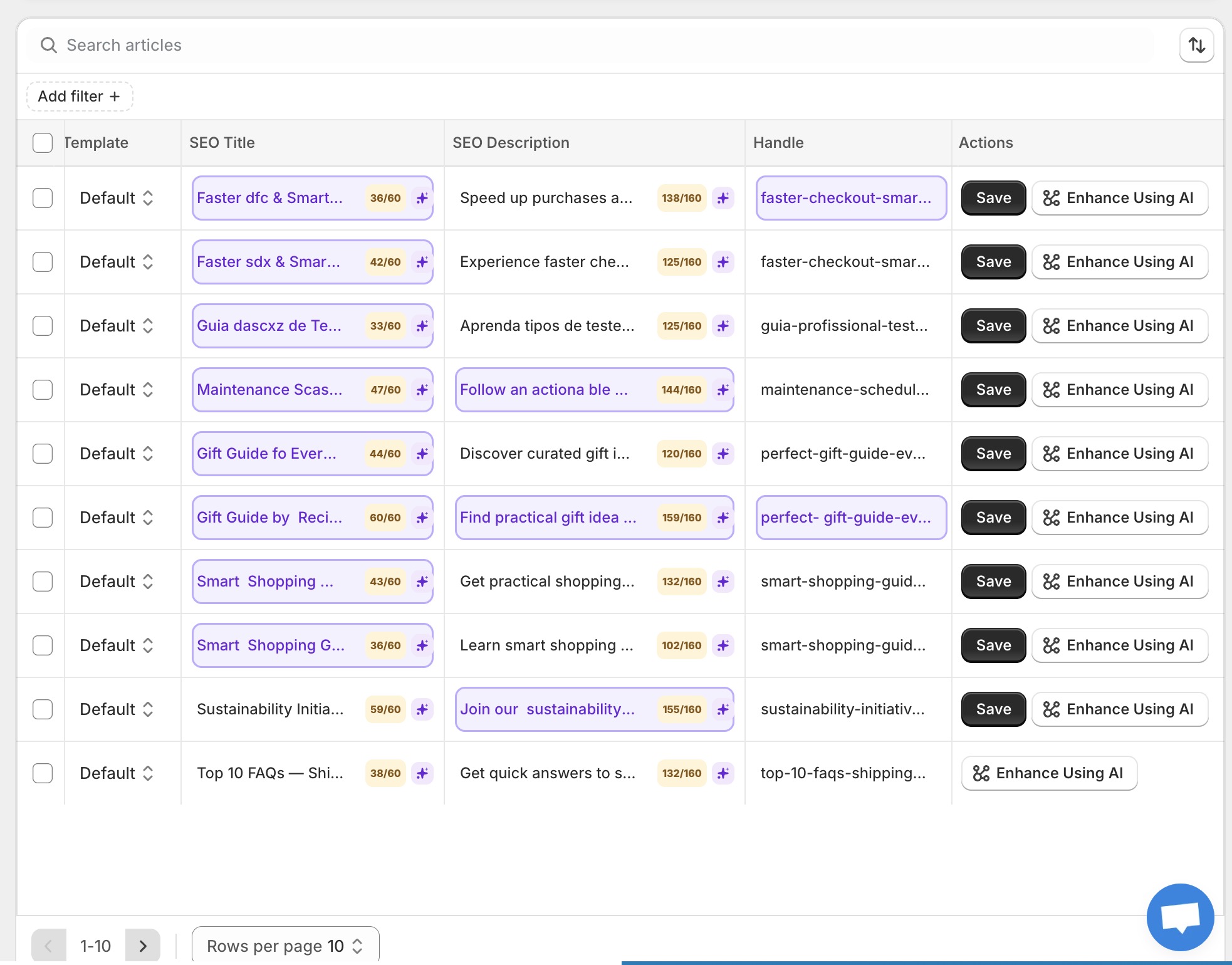 Bulk AI optimization with purple review highlights