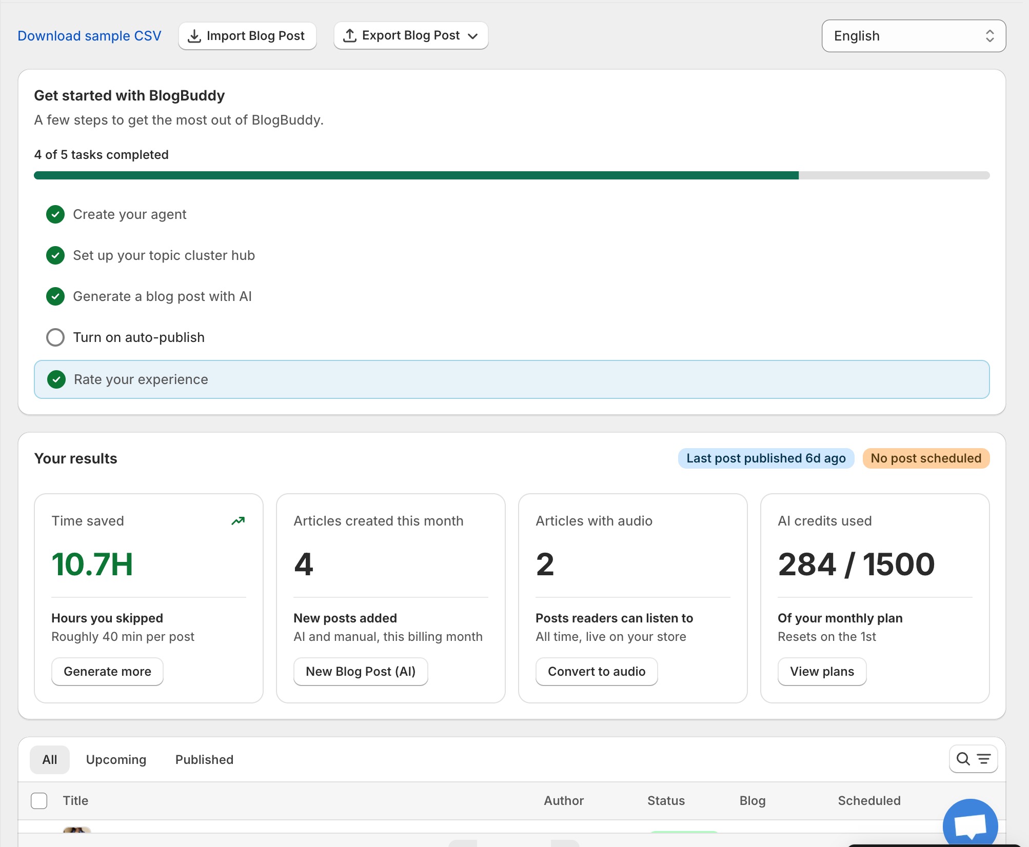 The BlogBuddy home dashboard
