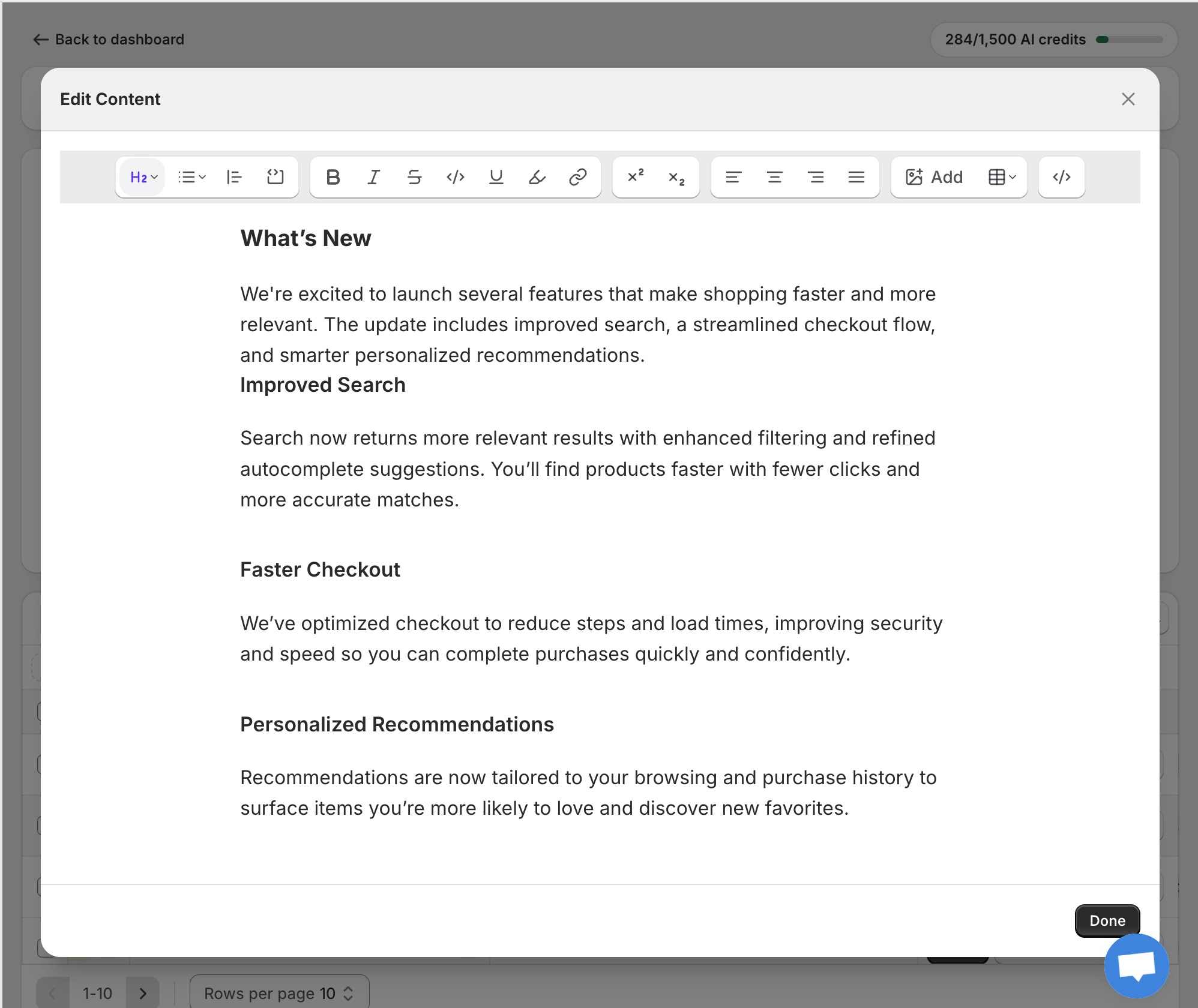 The rich text editor inside the bulk editor