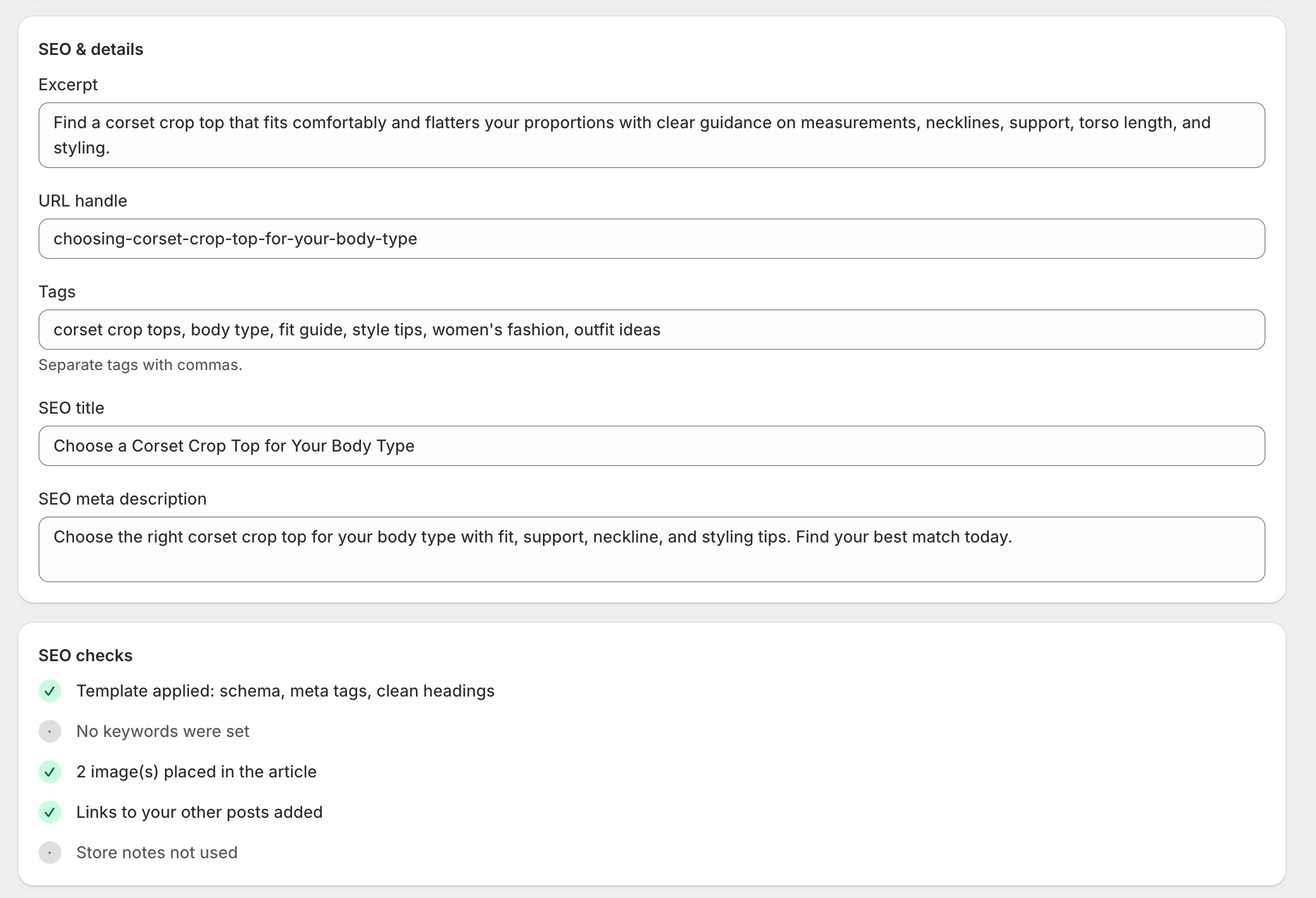 The SEO checklist shown after generation