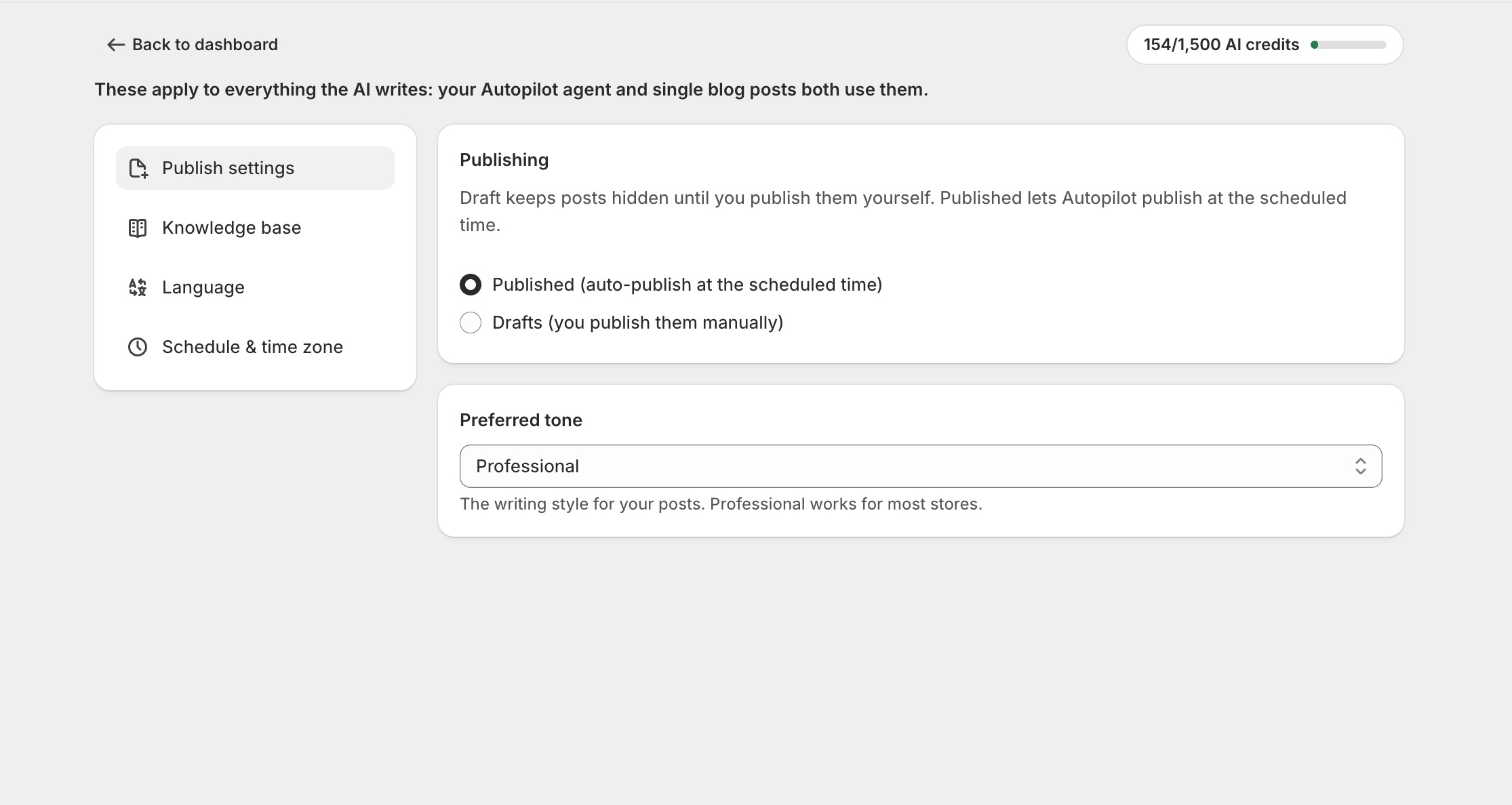 The Settings page
