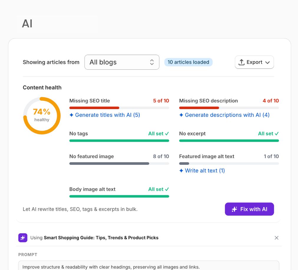 Content health panel fixing SEO fields with AI