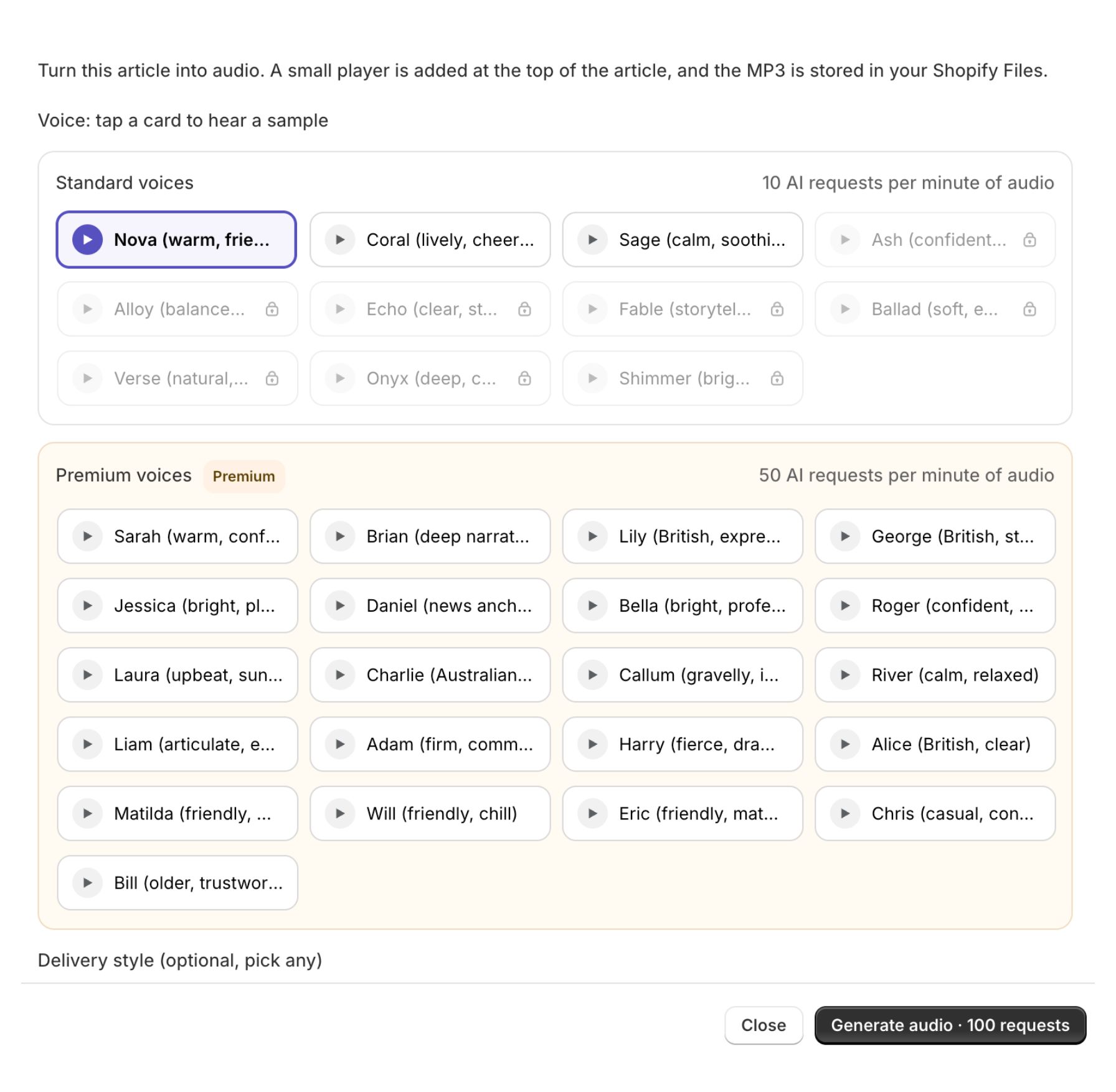 Article audio player with voice selection