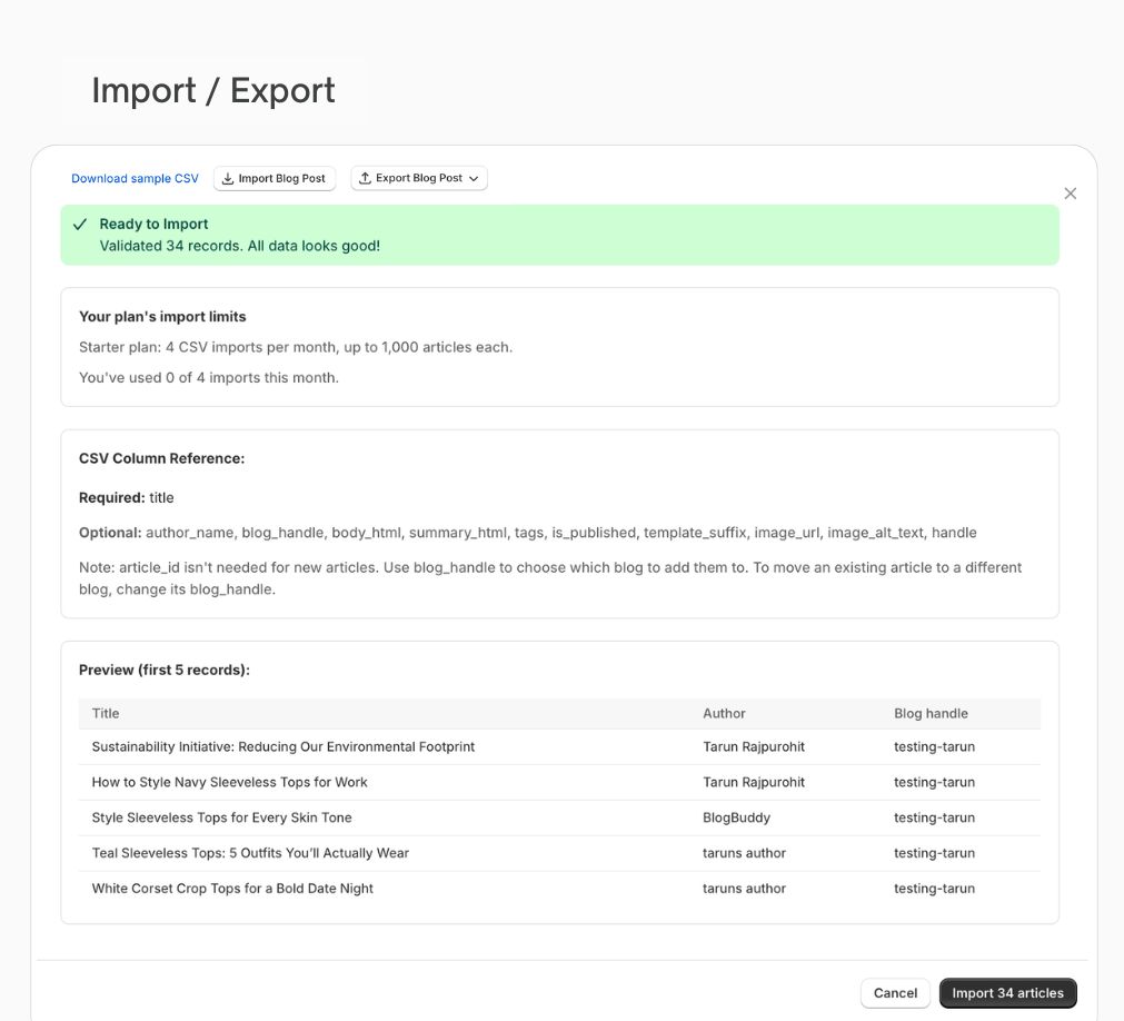 CSV import with validation and progress