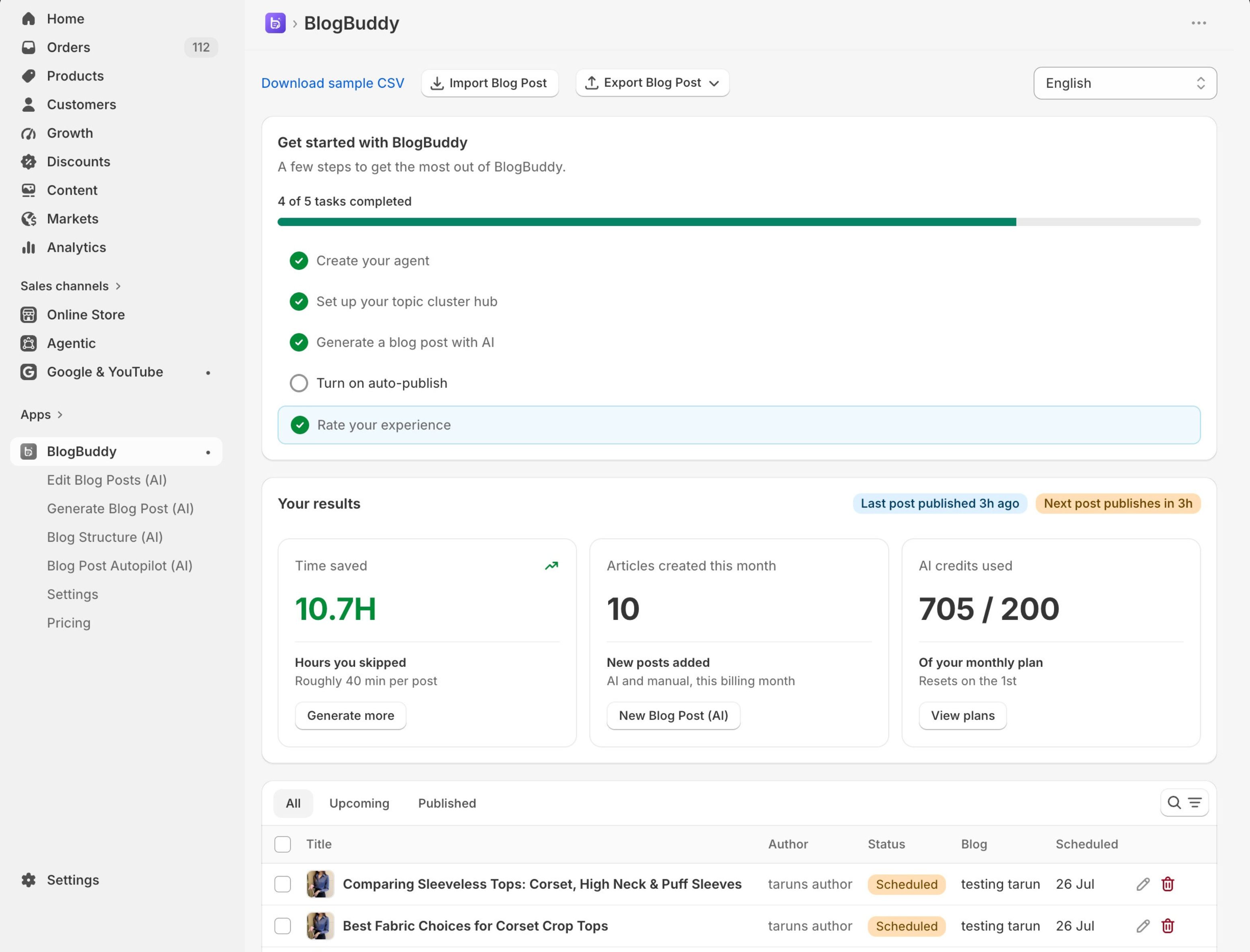 BlogBuddy running inside the Shopify admin